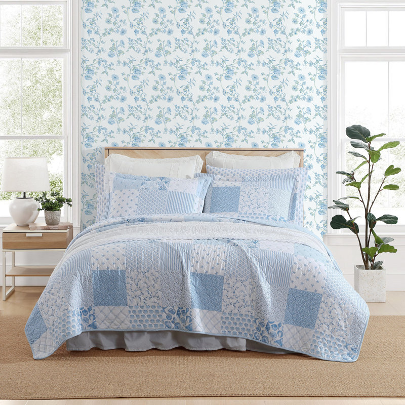 Something Blue ローラアシュレイ ファブリックピオニー16m Laura Ashley Peony Garden 3-Piece Blue Reversible 100% Cotton Full